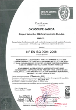 Certificat ISO 9001 d’Oxycoupe El Jadida