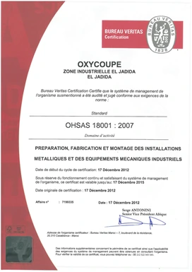 Certificat OHSAS 18001 d’Oxycoupe El Jadida